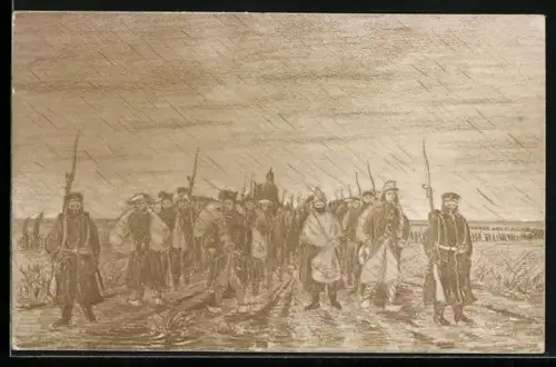 Künstler-AK Kriegsgefangene auf dem Marsch im Regen