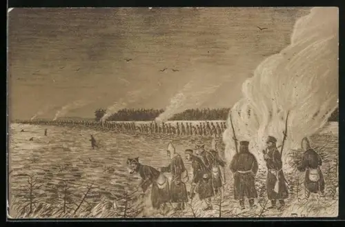 Künstler-AK Kriegsgefangene bei der Arbeit auf einem Feld