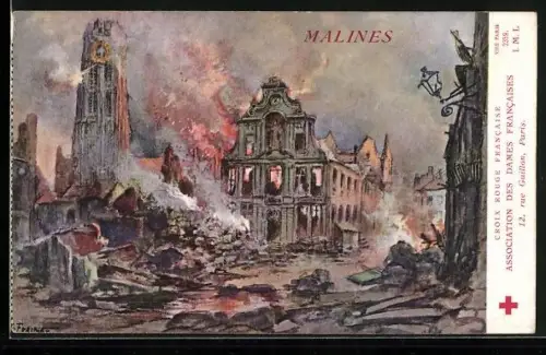 Künstler-AK Malines, brennende und zerstörte Ortschaft