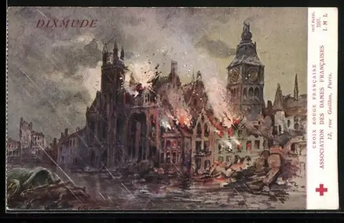Künstler-AK Dixmude, Kriegszerstörte Stadt, Rotes Kreuz
