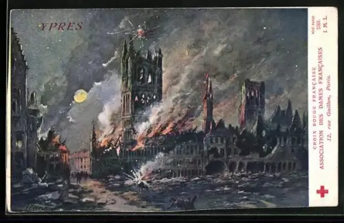 Künstler-AK Ypres, Kriegszerstörte Stadt, Rotes Kreuz