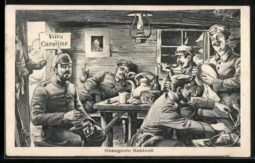 Künstler-AK Gesegnete Mahlzeit, Soldaten beim Essen