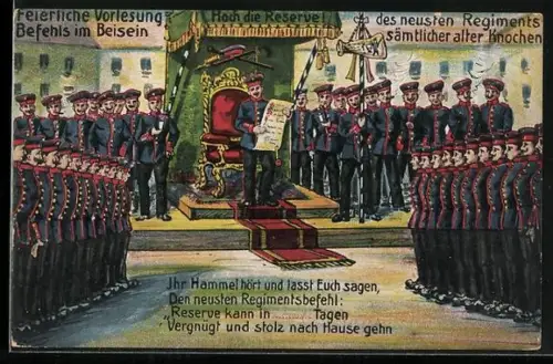 Lithographie Hoch die Reserve, Feierliche Vorlesung des neusten Regiments