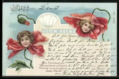 Lithographie Gutenabend, Frauenköpfe in Mohnblüten, Metamorphose