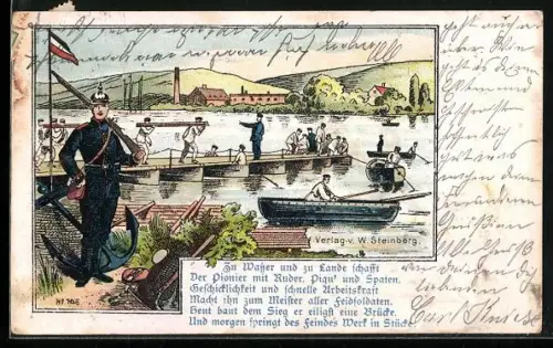 Lithographie Pioniere des Deutschen Reichs beim Bau von Transportbooten