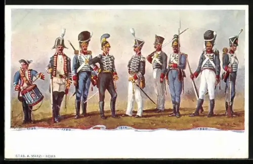Künstler-AK Granatieri di Sardegna, Uniformen der sardischen Infanterie 1780 - 1820