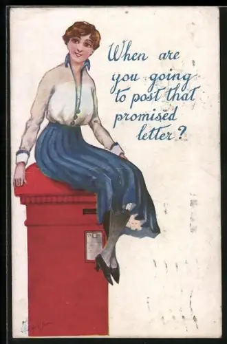AK Dame sitzt auf einem Briefkasten