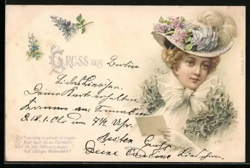 AK Elegante Dame mit Hut im Jugendstil