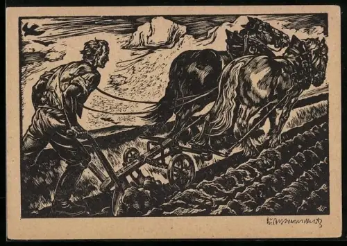 Künstler-AK Pflügender Bauer