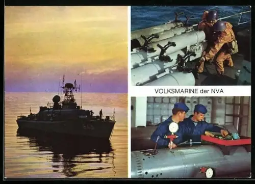 AK Volksmarine der NVA, Torpedoschnellboot, Klarmachen eines Einsatztorpedos, Laden der Wasserbombenwerfer