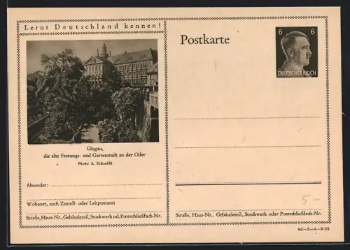 AK Glogau, Ortsansicht, Ganzsache Lernt Deutschland kennen