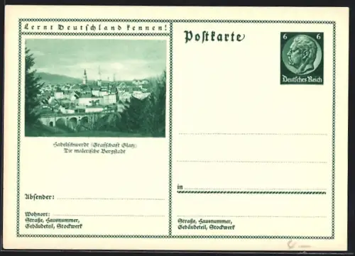 AK Habelschwerdt /Glatz, Ortsansicht mit Brücke, Ganzsache Lernt Deutschland kennen