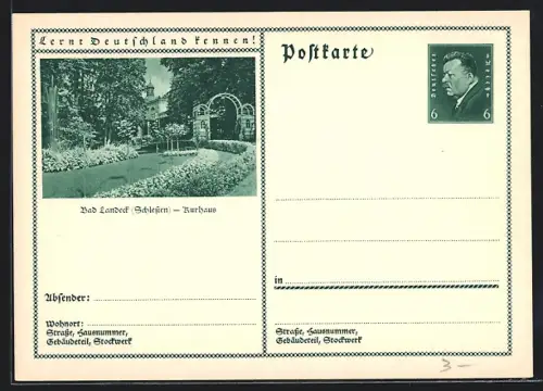 AK Bad Landeck /Schlesien, Partie am Kurhaus, Ganzsache Lernt Deutschland kennen