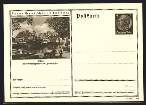 AK Elbing, Alte Warenspeicher am Innenhafen, Ganzsache Lernt Deutschland kennen