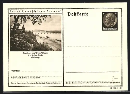 AK Graudenz /Weichsel, Ortsansicht mit Brücke, Ganzsache Lernt Deutschland kennen