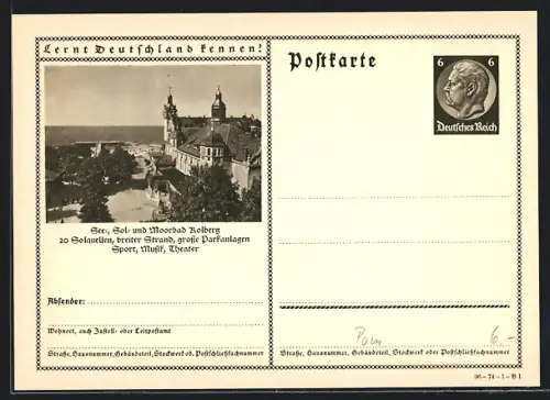 AK Kolberg, Blick auf Ostsee, Ganzsache Lernt Deutschland kennen