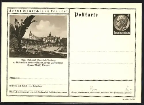 AK Kolberg, Ortspartie, Ganzsache Lernt Deutschland kennen