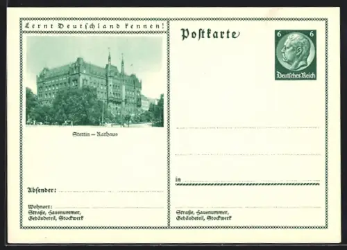 AK Stettin, Rathaus, Ganzsache Lernt Deutschland kennen