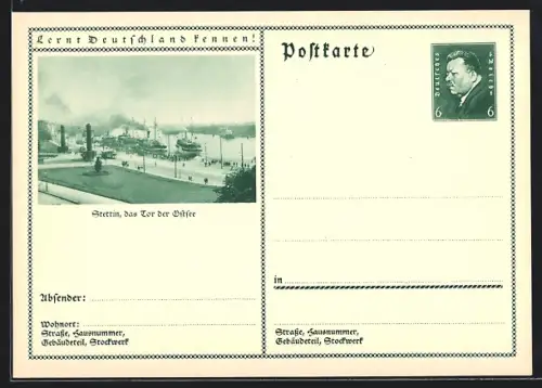 AK Stettin, Ortsansicht mit Hafen, Ganzsache Lernt Deutschland kennen