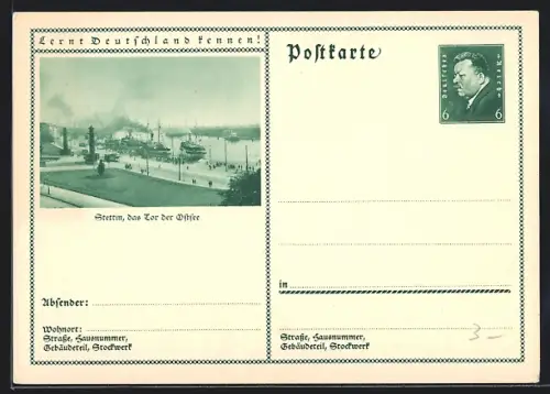 AK Stettin, Ortsansicht mit Hafen, Ganzsache Lernt Deutschland kennen