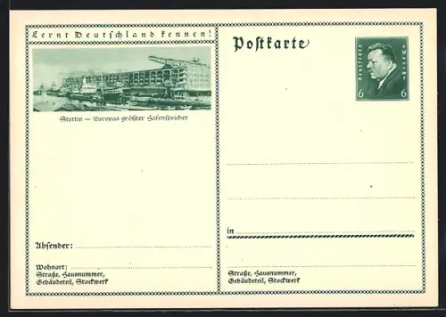 AK Stettin, Hafenspeicher, Ganzsache Lernt Deutschland kennen