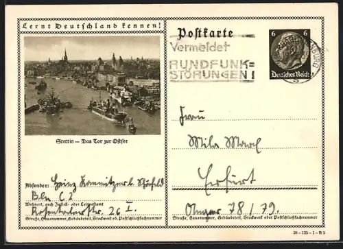 AK Stettin, Ortsansicht aus der Vogelschau, Ganzsache Lernt Deutschland kennen