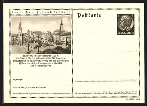 AK Trautenau /Riesengebirge, Ortspartie mit Kirche, Ganzsache Lernt Deutschland kennen