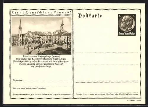 AK Trautenau /Riesengebirge, Ortspartie mit Kirche, Ganzsache Lernt Deutschland kennen