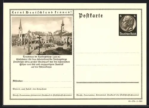 AK Trautenau /Riesengebirge, Ortspartie mit Kirche, Ganzsache Lernt Deutschland kennen
