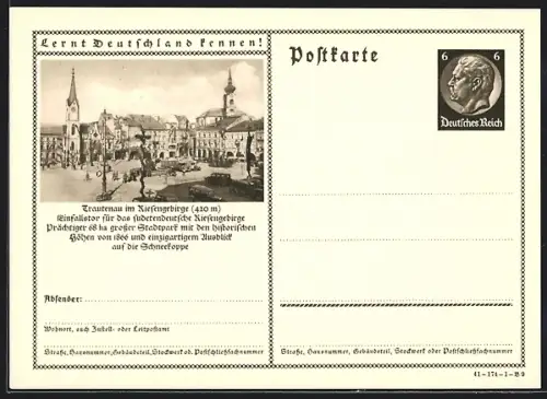 AK Trautenau /Riesengebirge, Ortspartie mit Kirche, Ganzsache Lernt Deutschland kennen