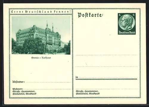 AK Stettin, Rathaus, Ganzsache Lernt Deutschland kennen
