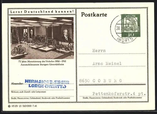 AK Stuttgart-Untertürkheim, Automobilmuseum, Ganzsache Lernt Deutschland kennen