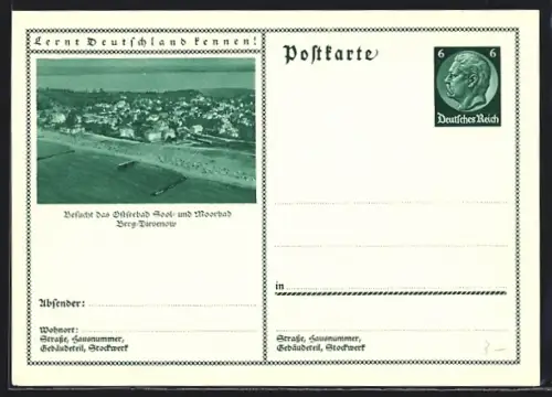 AK Berg-Dievenow, Ortspanorama, Ganzsache Lernt Deutschland kennen