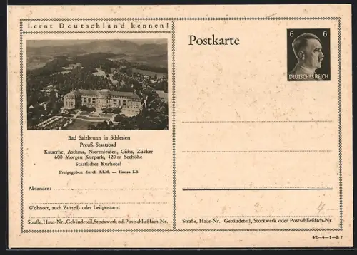 AK Bad Salzbrunn in Schlesien, Staatliches Kurhotel des Preuss. Staatsbads, Ganzsache Lernt Deutschland kennen