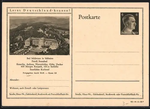AK Bad Salzbrunn, Preuss. Staatsbad, Ganzsache Lernt Deutschland kennen