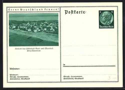 AK Berg-Dievenow, Ortspanorama, Ganzsache Lernt Deutschland kennen