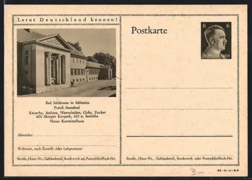 AK Bad Salzbrunn in Schlesien, Partie am Preussischen Staatsbad, Ganzsache Lernt Deutschland kennen