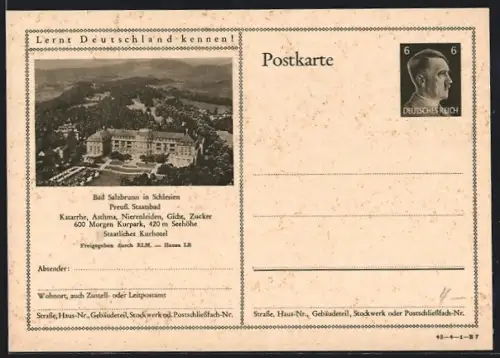 AK Bad Salzbrunn in Schlesien, Staatliches Kurhotel des Preuss. Staatsbads, Ganzsache Lernt Deutschland kennen