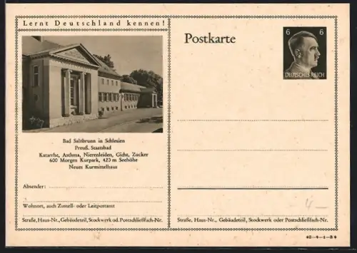 AK Bad Salzbrunn in Schlesien, Partie am Preussischen Staatsbad, Ganzsache Lernt Deutschland kennen