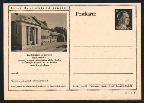 AK Bad Salzbrunn in Schlesien, Neues Kurmittelhaus des Preuss. Staatsbads, Ganzsache Lernt Deutschland kennen