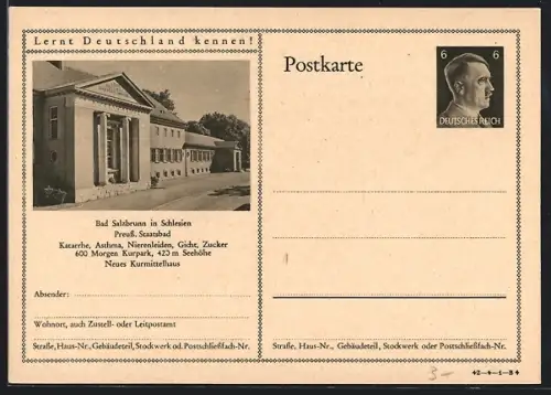 AK Bad Salzbrunn, Preuss. Staatsbad, Ganzsache Lernt Deutschland kennen