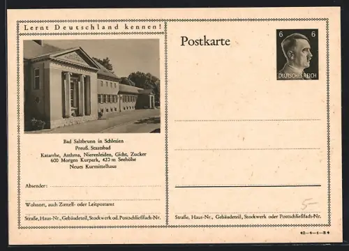 AK Bad Salzbrunn in Schlesien, Partie am Preussischen Staatsbad, Ganzsache Lernt Deutschland kennen
