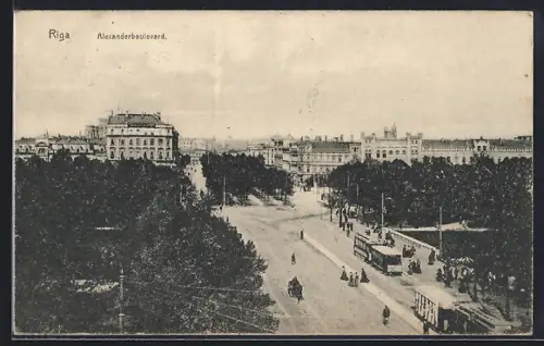AK Riga, Alexanderboulevard mit Strassenbahn aus der Vogelschau