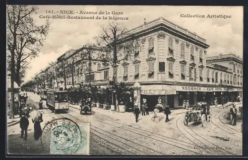 AK Nice, Avenue de la Gare, Cafe-Hotel de la Régence, Strassenbahn
