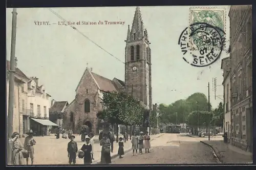 AK Vitry, L` Eglise et Station du Tramway, Strassenbahn