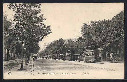AK Vincennes, La Rue de Paris, Strassenbahn
