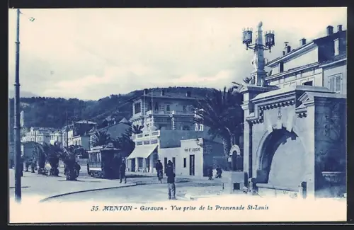 AK Menton, Vue prise de la Promenade St-Louis, Strassenbahn