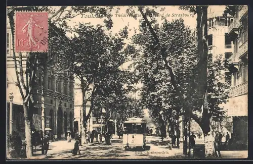 AK Toulon, Théatre et le Boulevard de Strasbourg, Strassenbahn