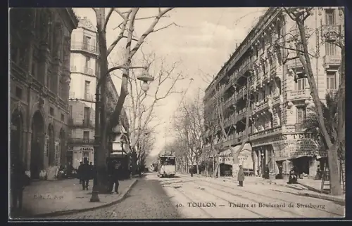 AK Toulon, Théâtre et Boulevard de Strasbourg, Strassenbahn