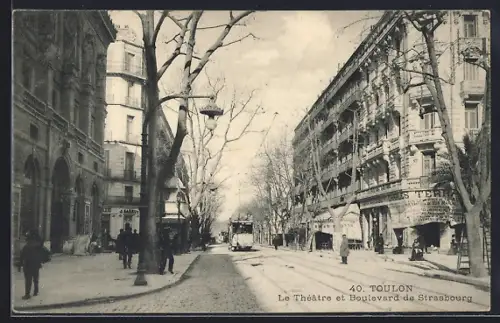 AK Toulon, Le Théâtre et Boulevard de Strasbourg, Strassenbahn